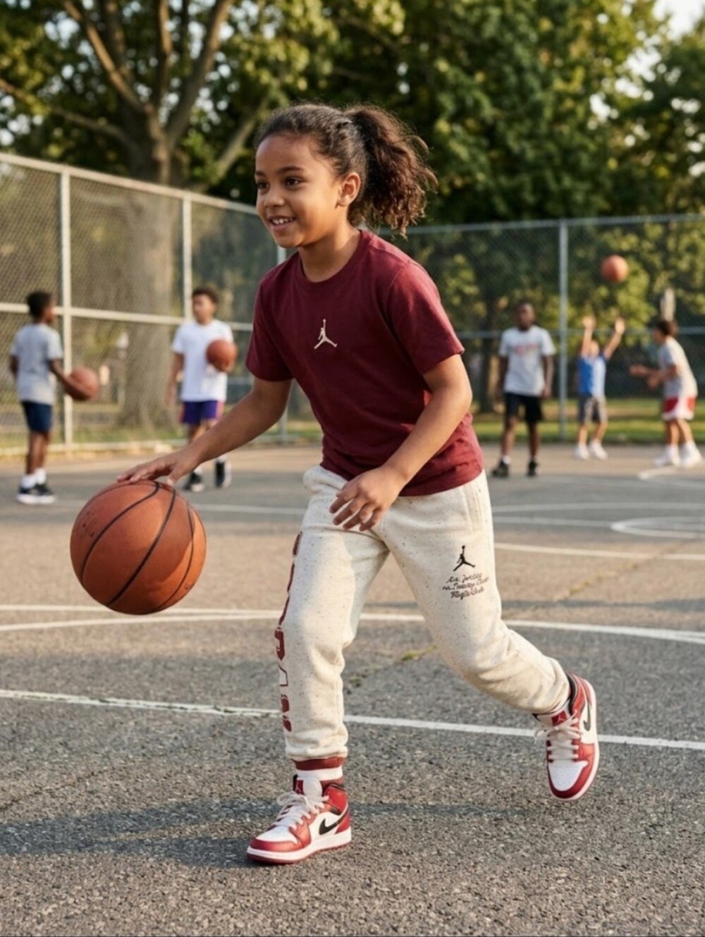 Jordan Kids Cream Speckled Joggers with Red Stripe Unisex